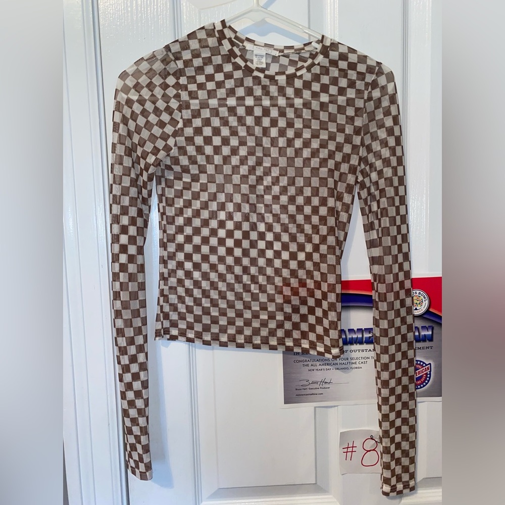Brown and Cream Checkered Mesh Top